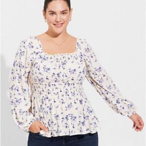 TORRID Womens Size 2 Babydoll White/Blue Floral Empire Shirred Waist Peasant Top